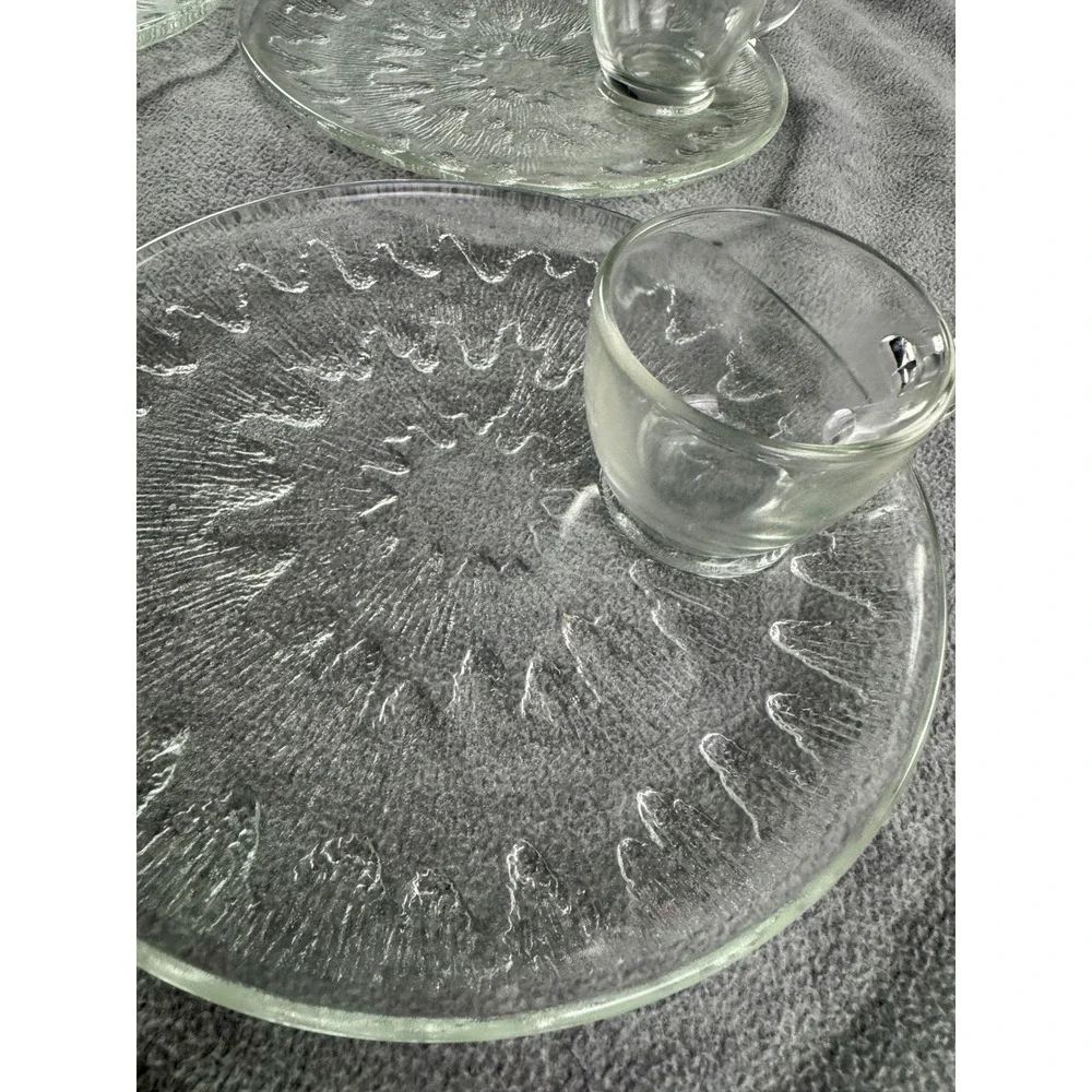 Vintage Sunburst Snack Set Sparkling Crystal Glass 4 Plates 4‎ Cups Original Box